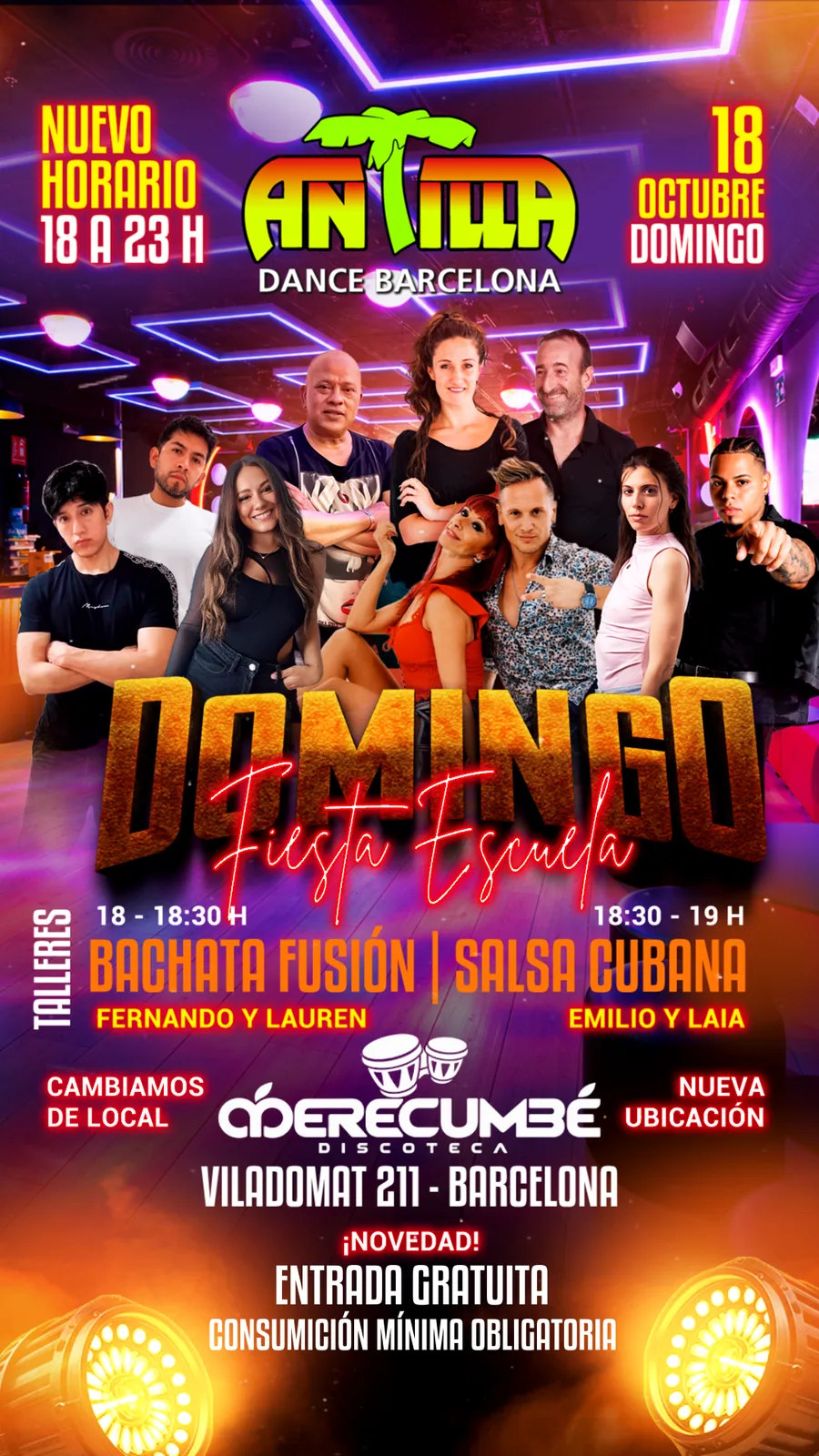 Cartel del evento Fiesta Escuela Antilla en Merecumbé - Domingo 18 Octubre