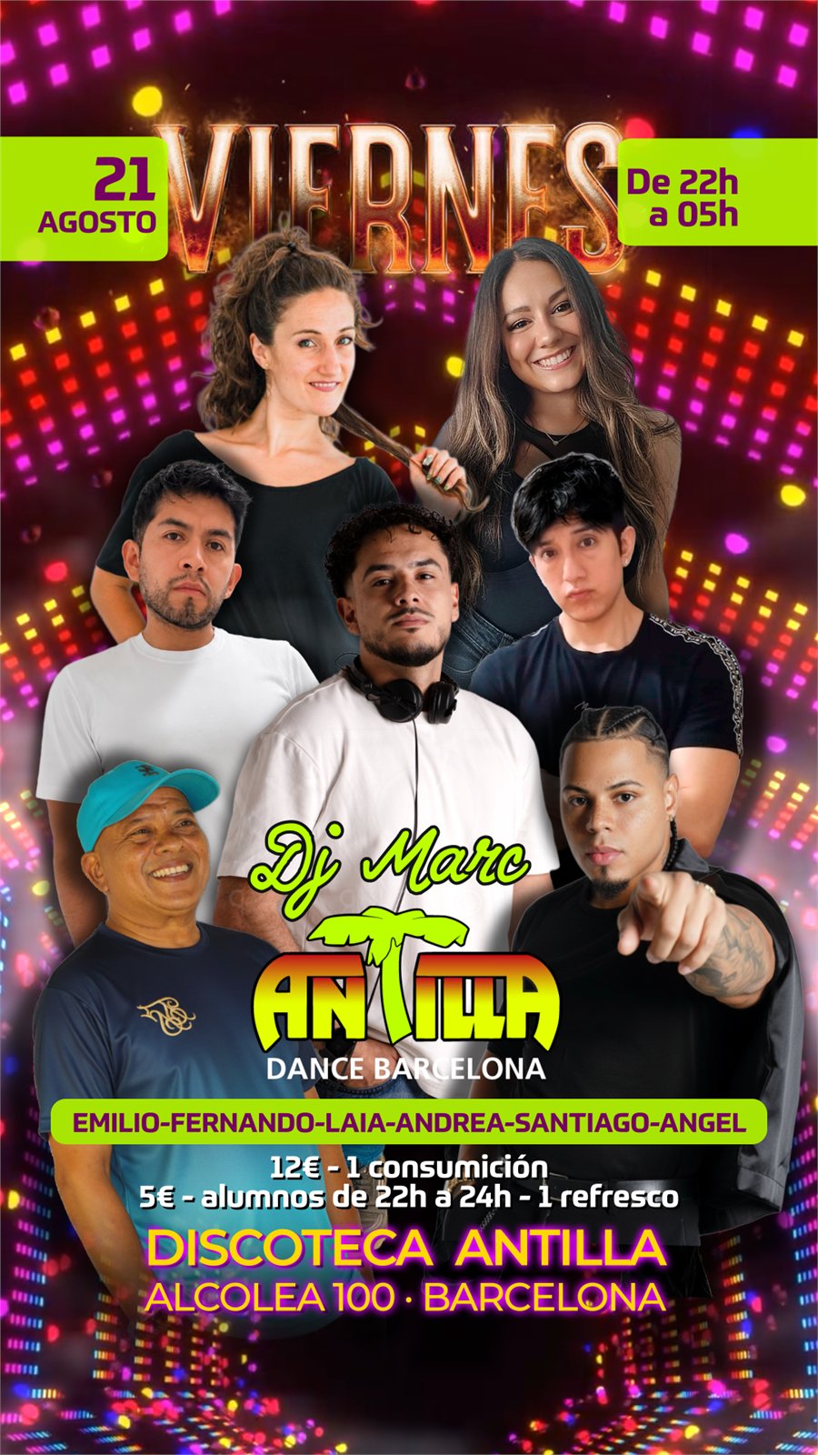 Cartel del evento Fiesta Escuela Antilla - Viernes 21 Agosto